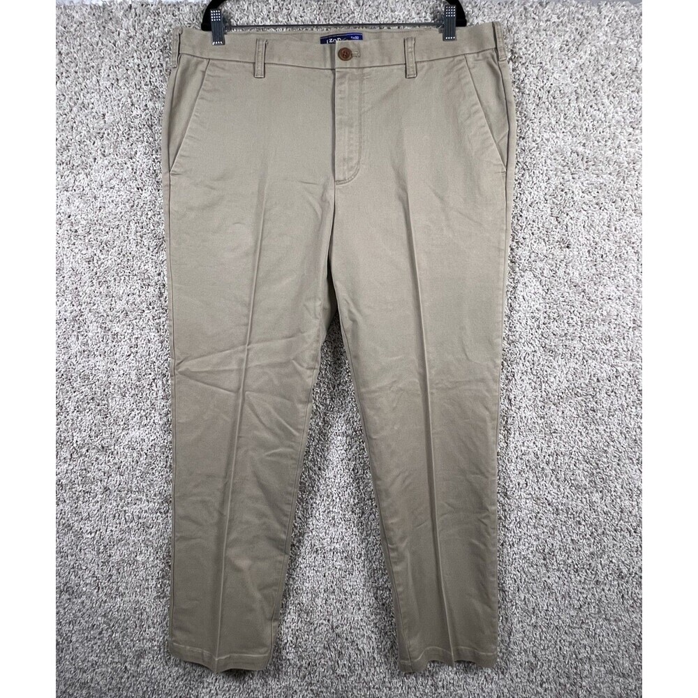 IZOD Men’s Khaki Pants 38x32 Straight Fit Stretch Beige Chino Casual Dress